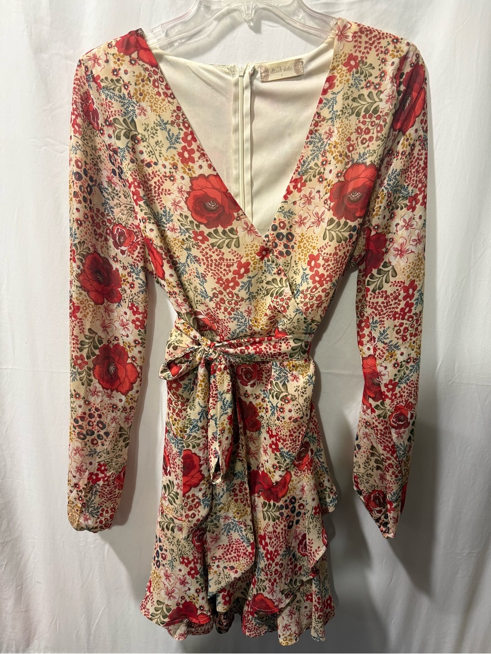 Altar'd State Cream Long-Sleeve Wrap Tunic with Red Floral Print